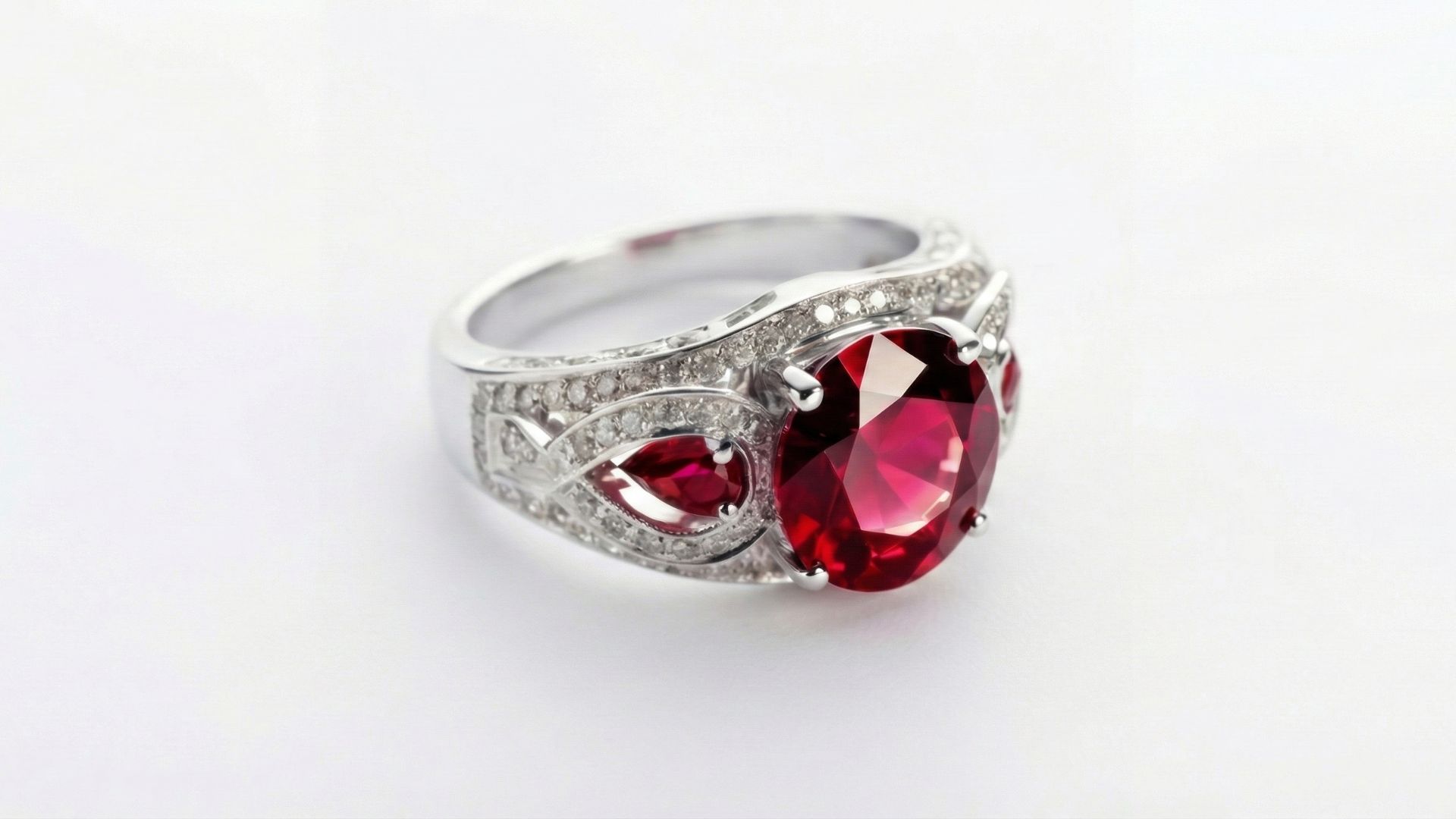 anello con pietra rossa su sfondo neutro